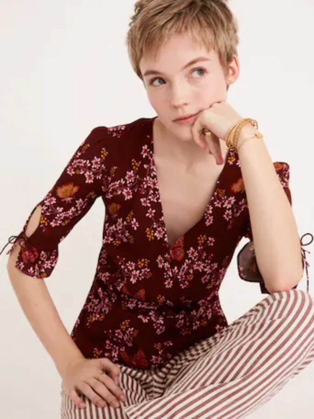 Madewell Butterfly Sanctuary Tie Sleeve Wrap Top Burgundy Floral Size 6